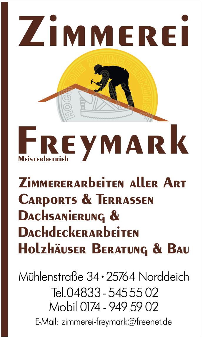 Firmenschild der Zimmerei Freymark mit Logo und Leistungsübersicht